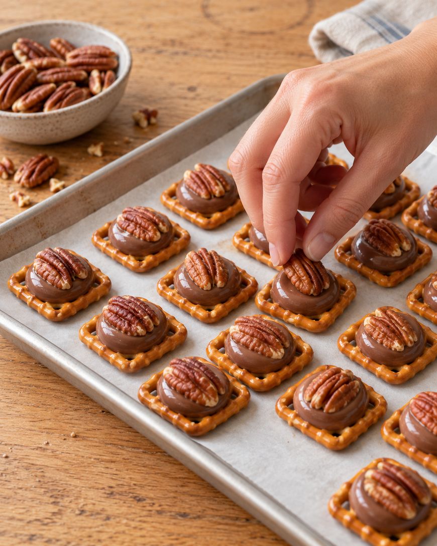 A hand places a pecan half onto a chocolate-covered square pretzel on a baking sheet.