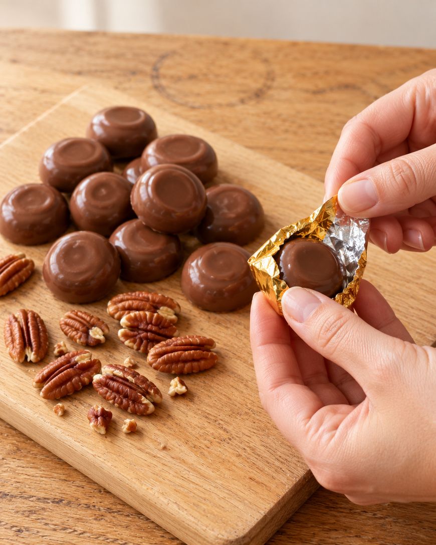 Hands unwrapping a chocolate pecan candy from a gold foil wrapper, with a pile of similar chocolates and raw pecans on a wooden board.