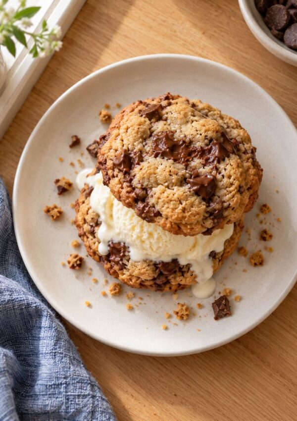 A chocolate chip cookie ice cream sandwich sits on a white plate, with cookie crumbs around it. Melted vanilla ice cream is visible between two thick cookies. A blue cloth and bowl of chocolate pieces are nearby.