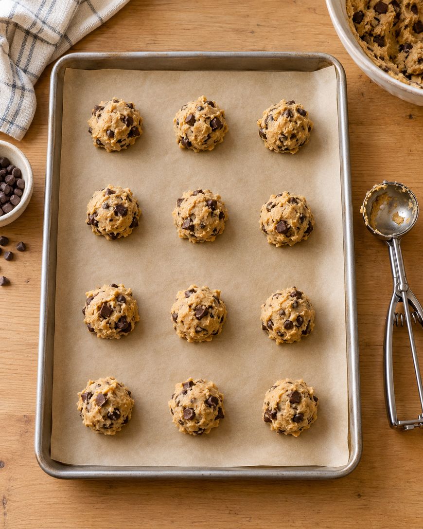 A baking tray with twelve scoops of chocolate chip cookie dough on parchment paper, ready to bake. A metal scoop, bowl of dough, small bowl of chocolate chips, and kitchen towel are nearby on a wooden surface.
