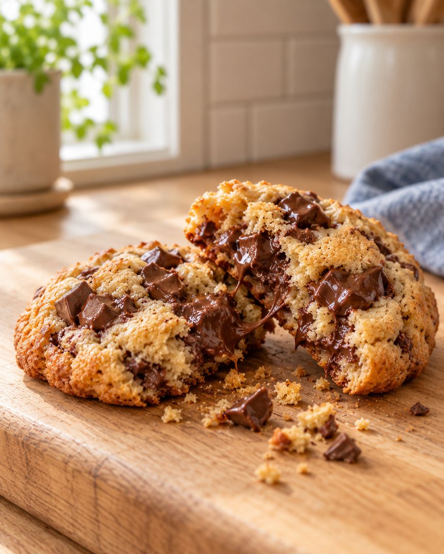 A large chocolate chip cookie broken in half on a wooden cutting board, with gooey melted chocolate chunks and crumbs, set in a sunlit kitchen.