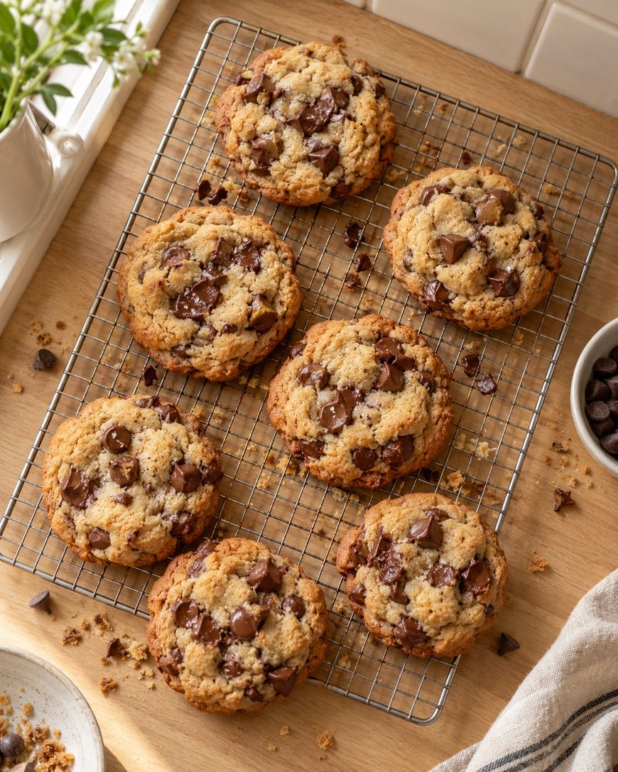 Seven chocolate chip cookies rest on a wire cooling rack atop a wooden surface, with a bowl of chocolate chips, a plant, and a kitchen towel nearby. Crumbs are scattered around the cookies.