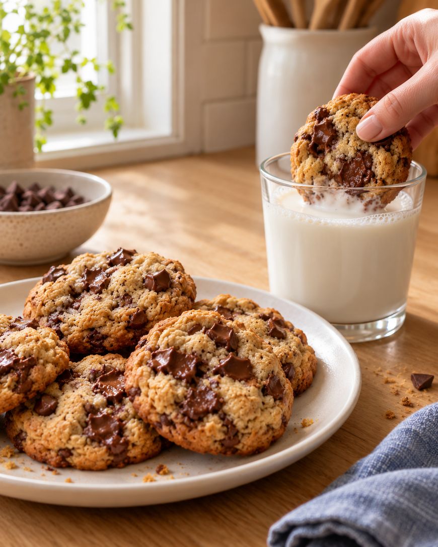 A hand dips a chocolate chip cookie into a glass of milk on a wooden table. A plate of cookies, a bowl of chocolate chunks, and a plant are in the background.