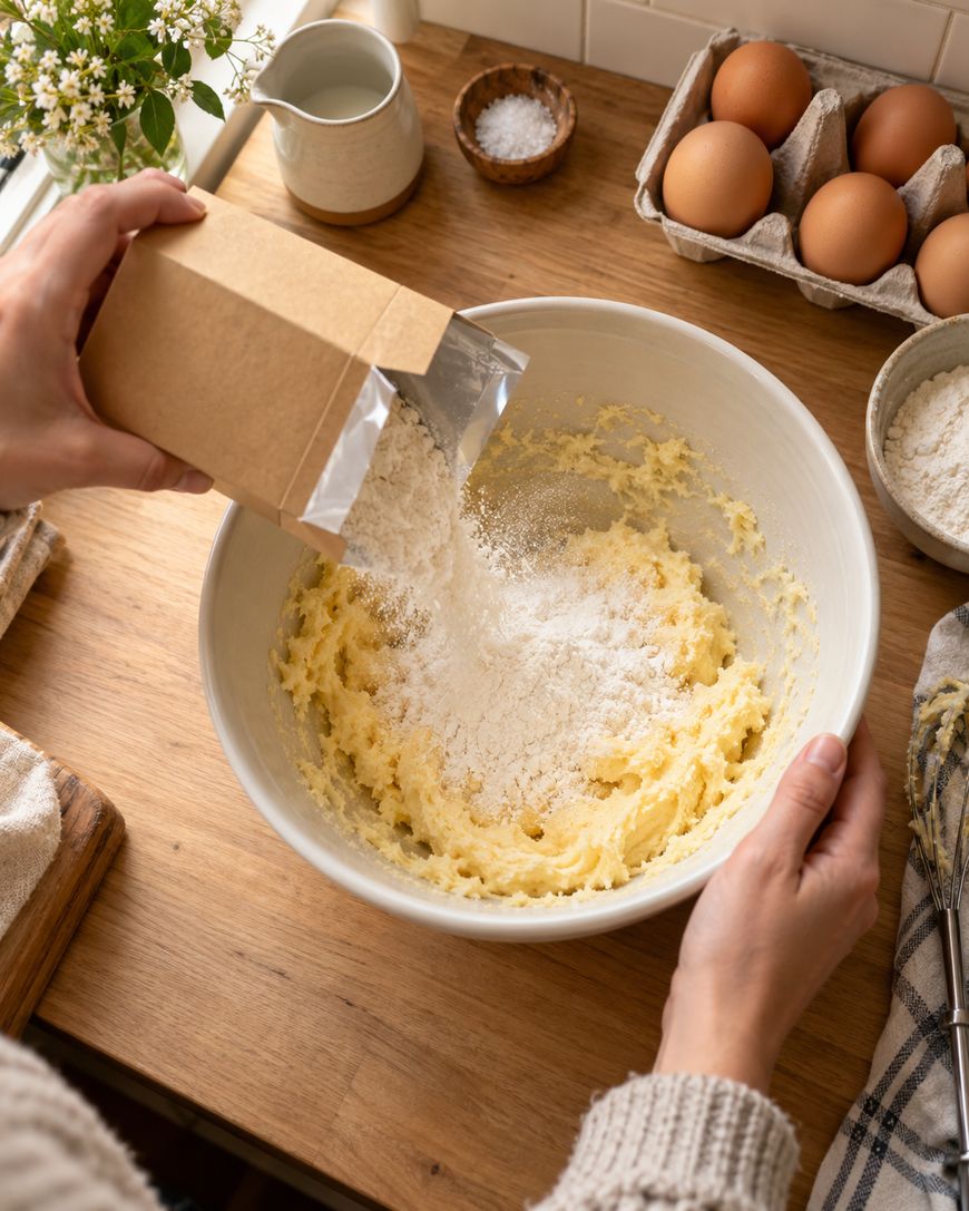 Hands pour flour from a package into a bowl with a creamed mixture. Eggs, milk, flour, salt, and flowers are on a wooden kitchen counter, suggesting baking preparation.