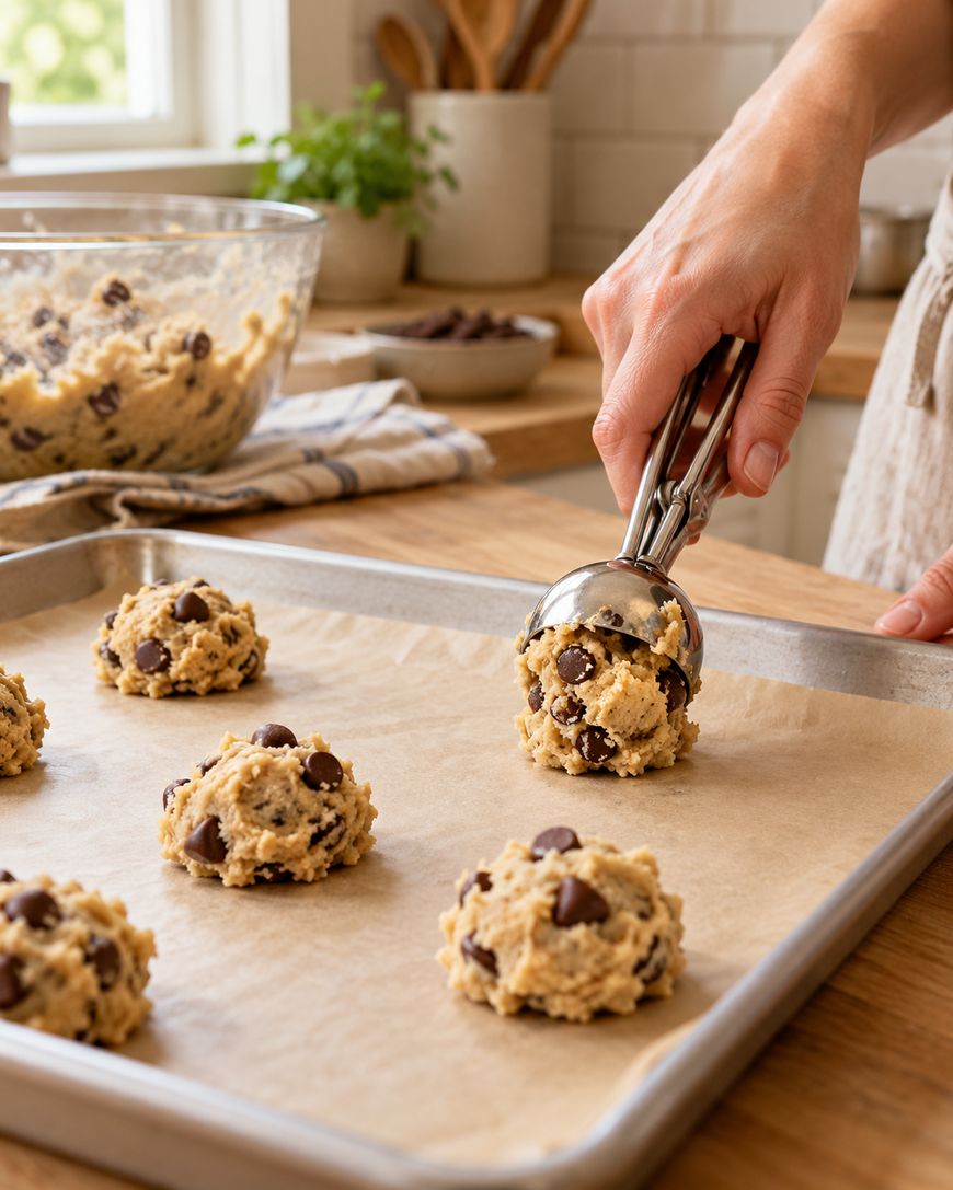 A hand uses a metal scoop to place chocolate chip cookie dough onto a parchment-lined baking tray. More dough and baking ingredients are visible in the background.