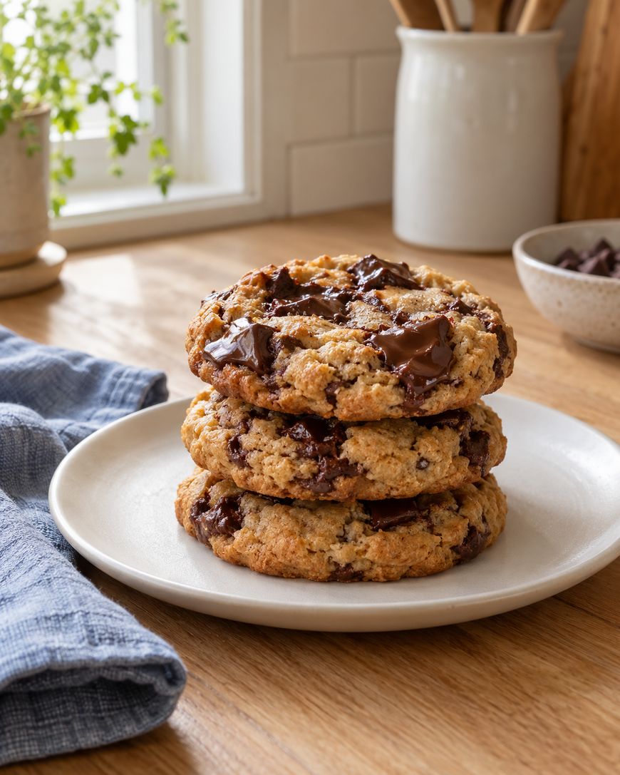 Three large chocolate chip cookies stacked on a white plate sit on a wooden table near a window, with a blue cloth napkin, a bowl of chocolate chunks, and a plant in the background.