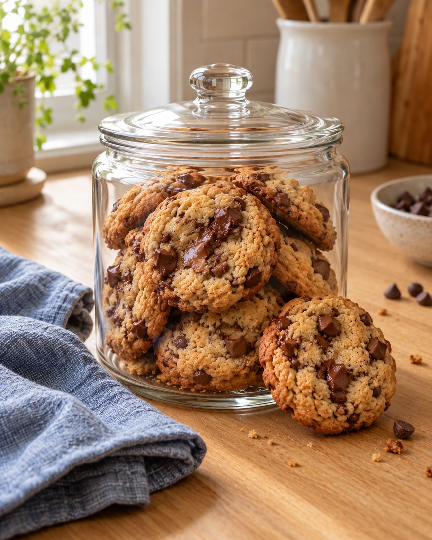 A glass jar filled with chocolate chip cookies sits on a wooden countertop near a blue cloth, with sunlight coming in through a window and a bowl of chocolate chips in the background.