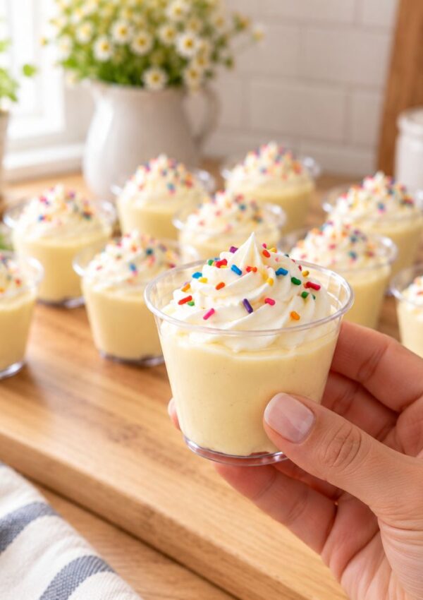 A hand holds a small cup of yellow pudding topped with whipped cream and rainbow sprinkles. Several similar cups are arranged on a wooden surface in the background.