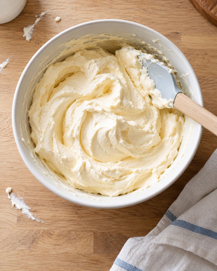A white bowl filled with creamy, whipped buttercream frosting sits on a wooden surface, with a spatula resting in the bowl and a striped cloth nearby.