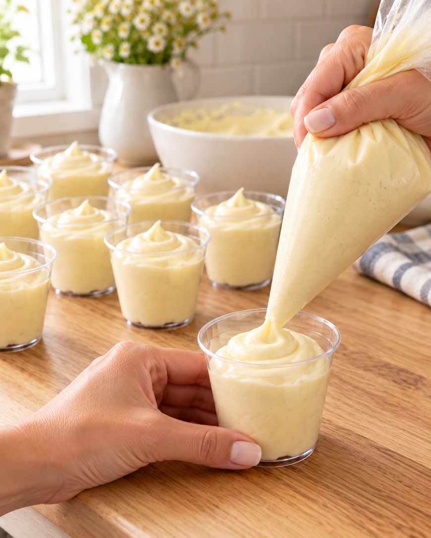 A hand pipes creamy yellow custard into a small clear cup, with several filled cups on a wooden counter and flowers in the background.
