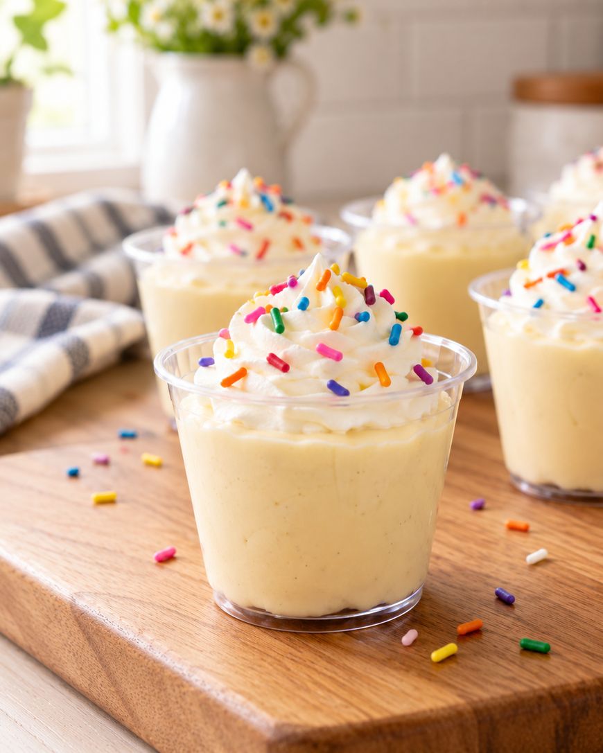 Individual cups of creamy yellow pudding topped with whipped cream and colorful sprinkles sit on a wooden board, with a kitchen towel and flowers in the background.