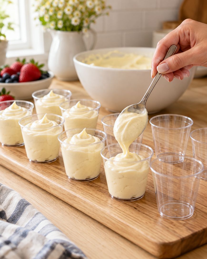 A hand spoons creamy dessert into small clear cups on a wooden tray. More filled cups and empty cups are lined up, with a bowl of cream and a vase of flowers in the background.