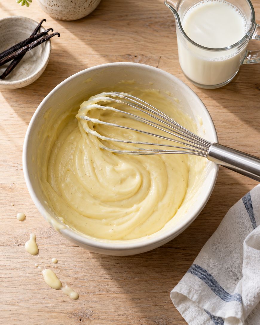 A metal whisk in a bowl of creamy yellow custard on a wooden table, with milk, vanilla beans, and a striped towel nearby.