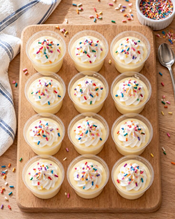 Twelve small cups of vanilla pudding topped with whipped cream and colorful sprinkles are arranged neatly on a wooden board, with a spoon, napkin, and extra sprinkles nearby.