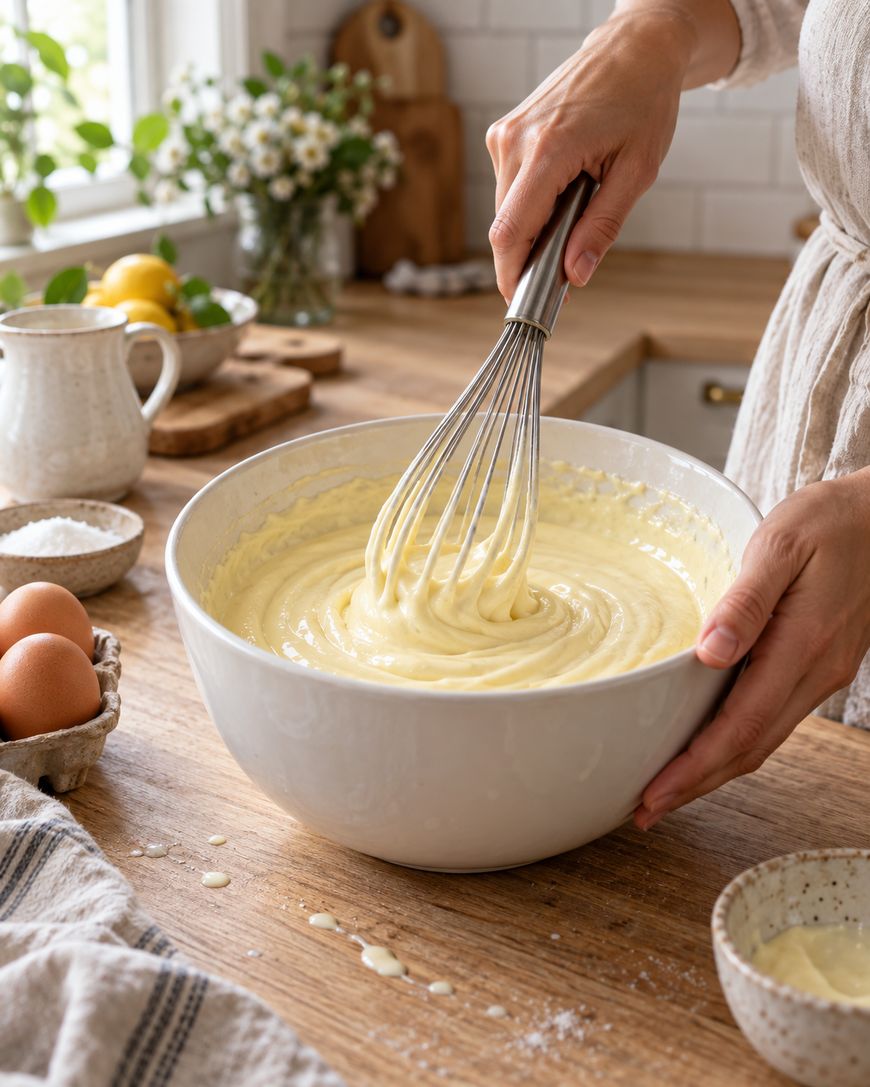 A person whisks cake batter in a large white bowl on a wooden kitchen counter, surrounded by eggs, flour, and a striped cloth, with flowers and lemons in the background.