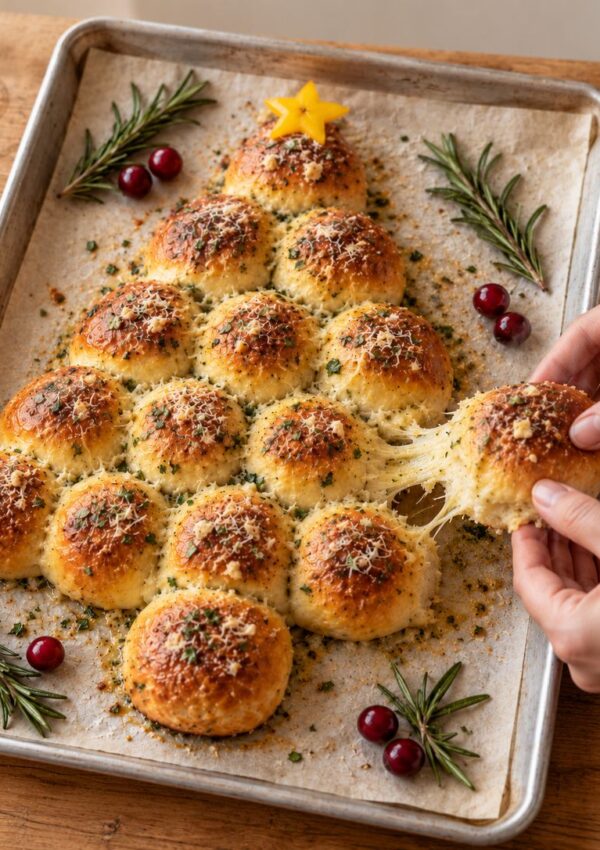 Hands pulling a cheesy pull-apart bread roll from a Christmas tree-shaped arrangement on a baking sheet, garnished with rosemary sprigs, cranberries, and a star-shaped garnish.