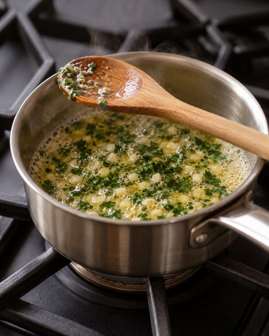 A wooden spoon rests in a small saucepan of melted butter mixed with herbs on a stovetop.