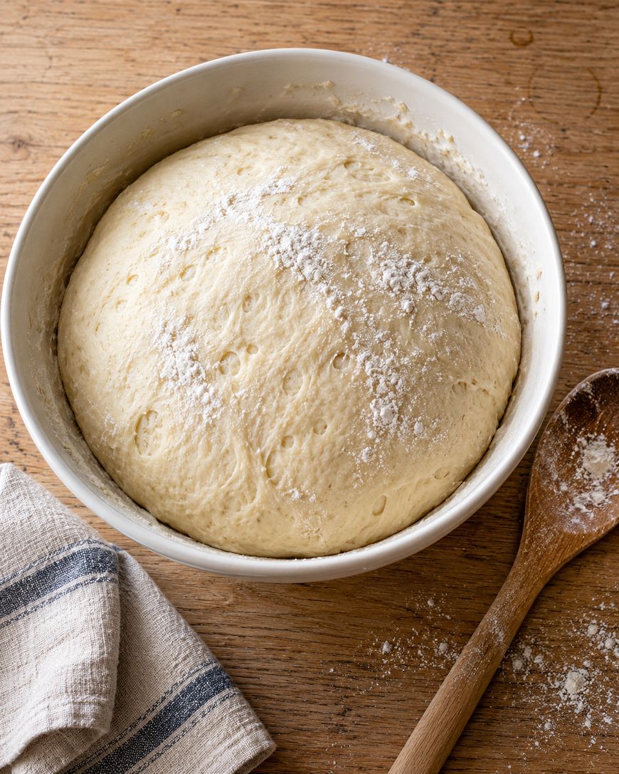A ball of risen dough dusted with flour inside a white bowl on a wooden surface next to a wooden spoon and a folded towel.
