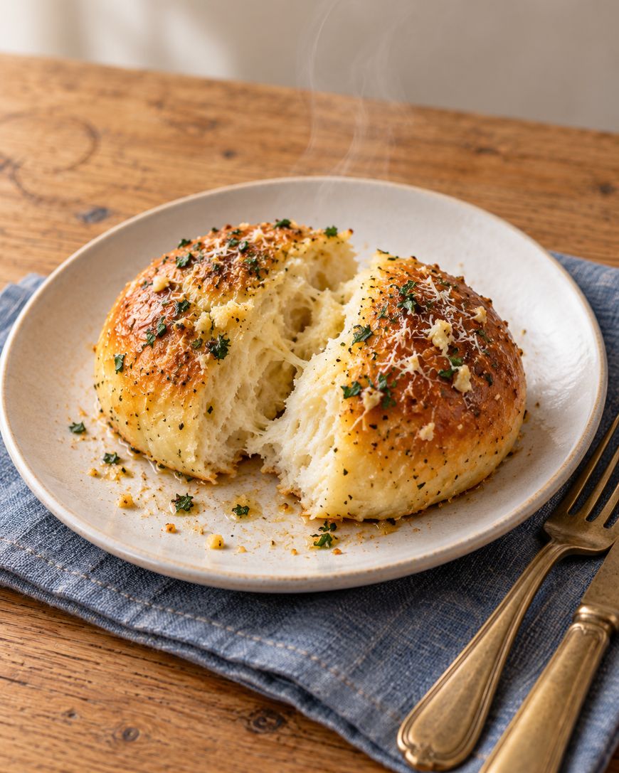A steaming garlic herb bread roll pulled apart on a plate.