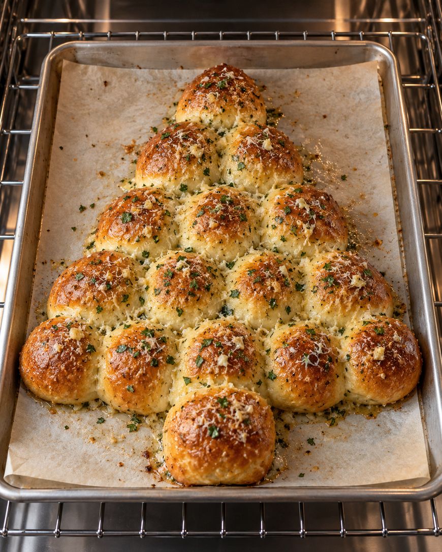Garlic herb dinner rolls arranged in the shape of a Christmas tree on a parchment-lined baking sheet inside an oven.