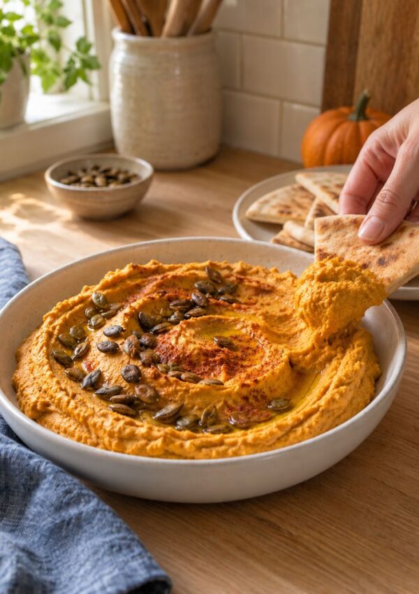 A hand dips a piece of pita bread into a bowl of pumpkin hummus topped with roasted seeds.
