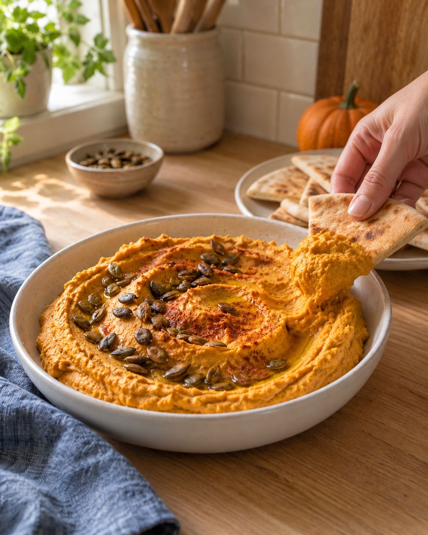 A hand dips a piece of pita bread into a bowl of orange hummus topped with pumpkin seeds and paprika.
