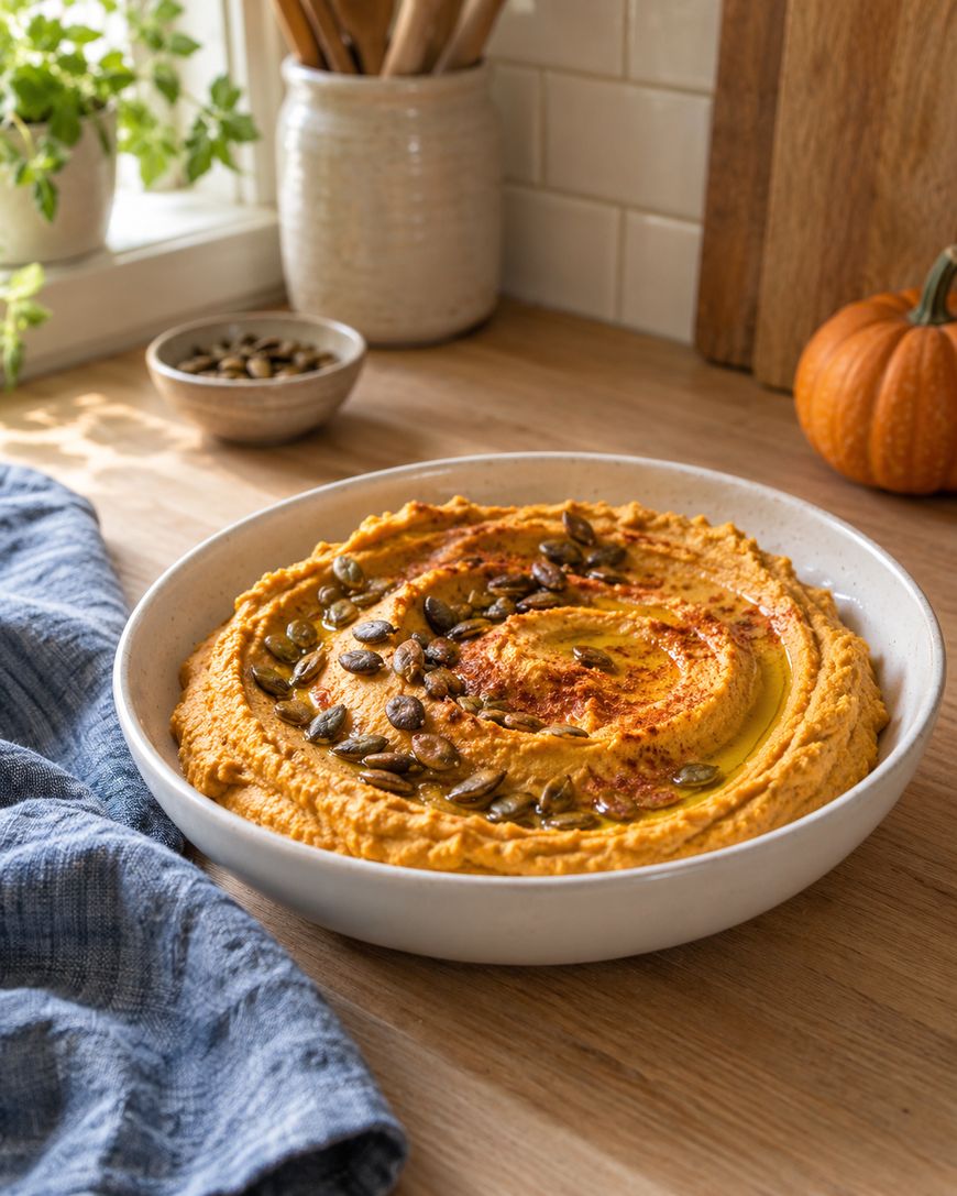 A bowl of pumpkin hummus topped with toasted pepitas, olive oil, and paprika.