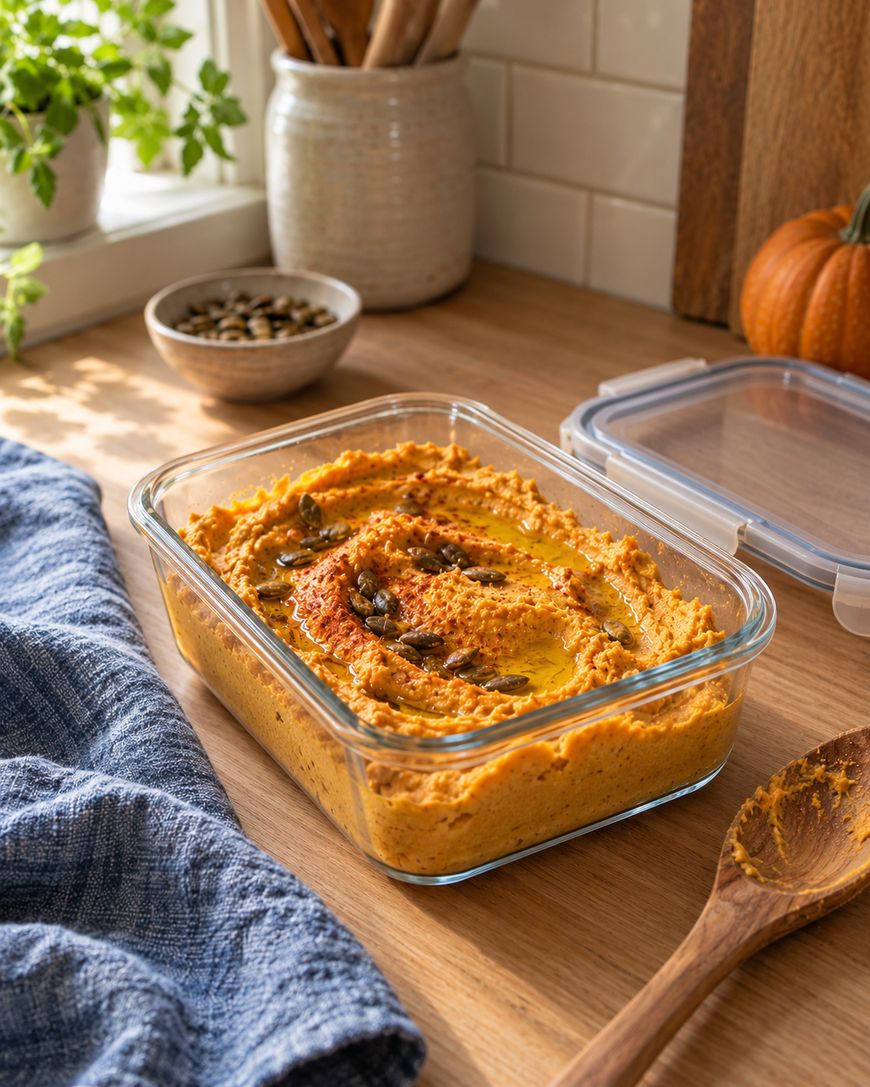 Glass container of pumpkin hummus drizzled with oil and topped with pumpkin seeds, sitting on a wooden counter next to a wooden spoon.