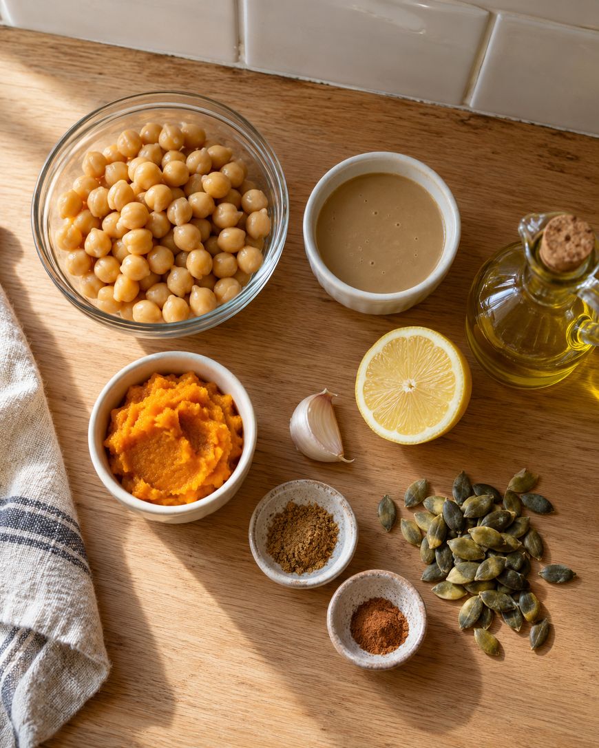 Ingredients for pumpkin hummus including a bowl of chickpeas, pumpkin puree, tahini, olive oil, lemon, a garlic clove, spices, and pumpkin seeds on a wooden table.