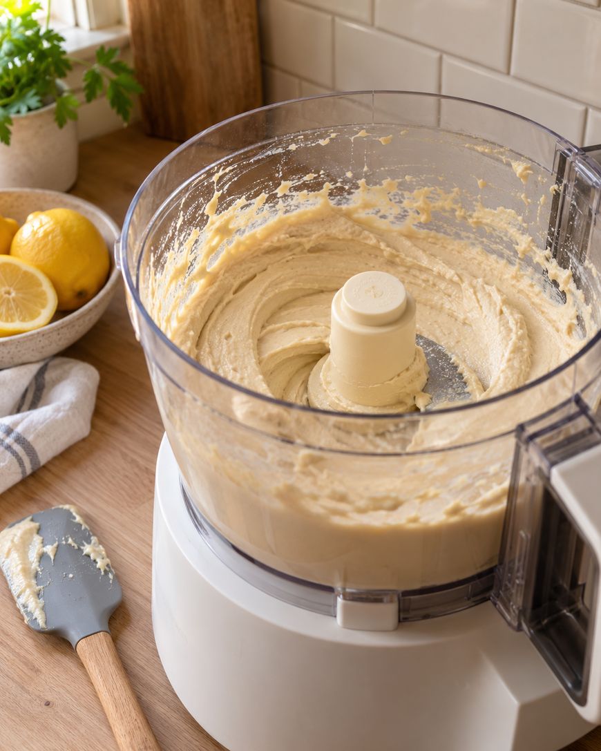 A food processor bowl filled with smooth, blended hummus, with lemons and a spatula on the wooden counter nearby.