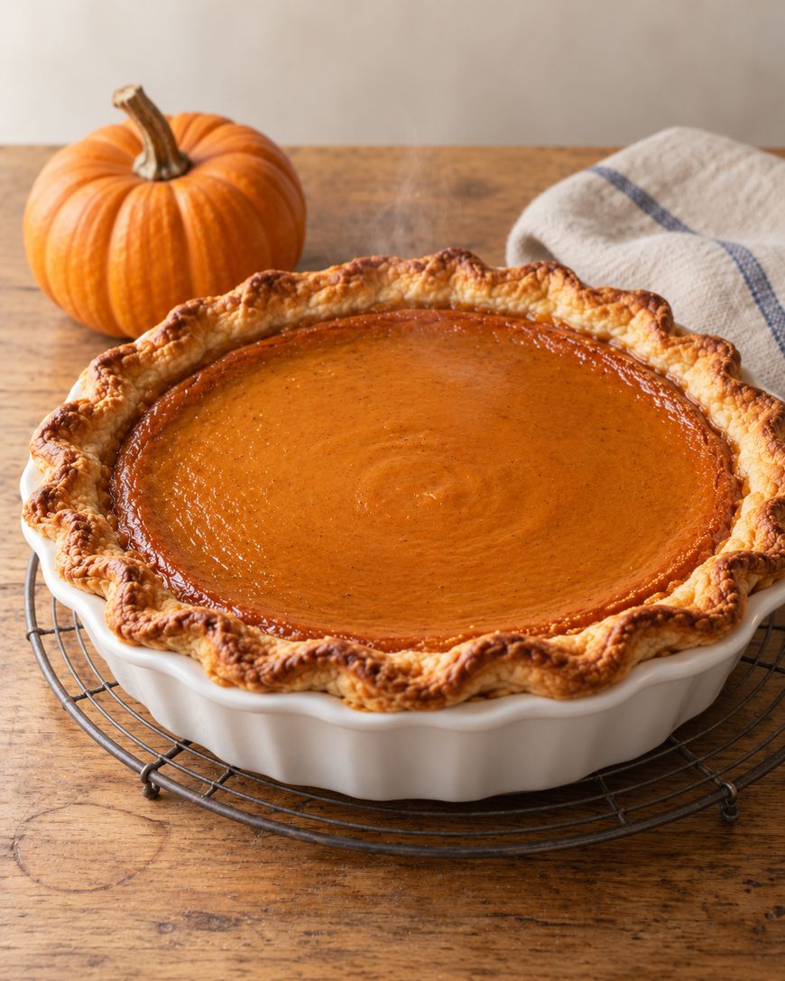 A freshly baked pumpkin pie in a white fluted dish, resting on a wire cooling rack next to a small pumpkin.