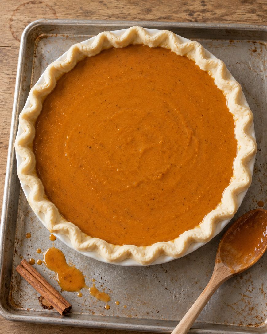 A whole pumpkin pie in a white dish on a baking sheet with a wooden spoon and a cinnamon stick.