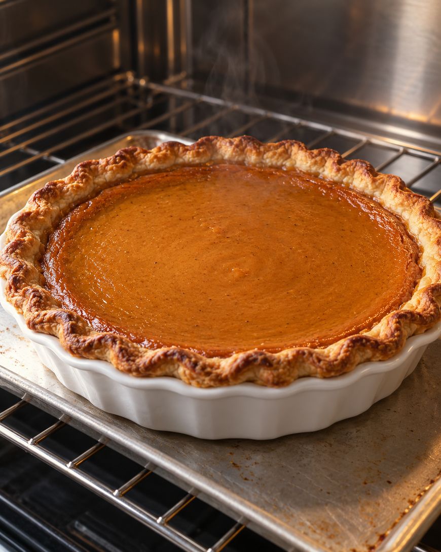 A freshly baked pumpkin pie with a crimped crust in a white dish, cooling on a baking sheet inside an oven.