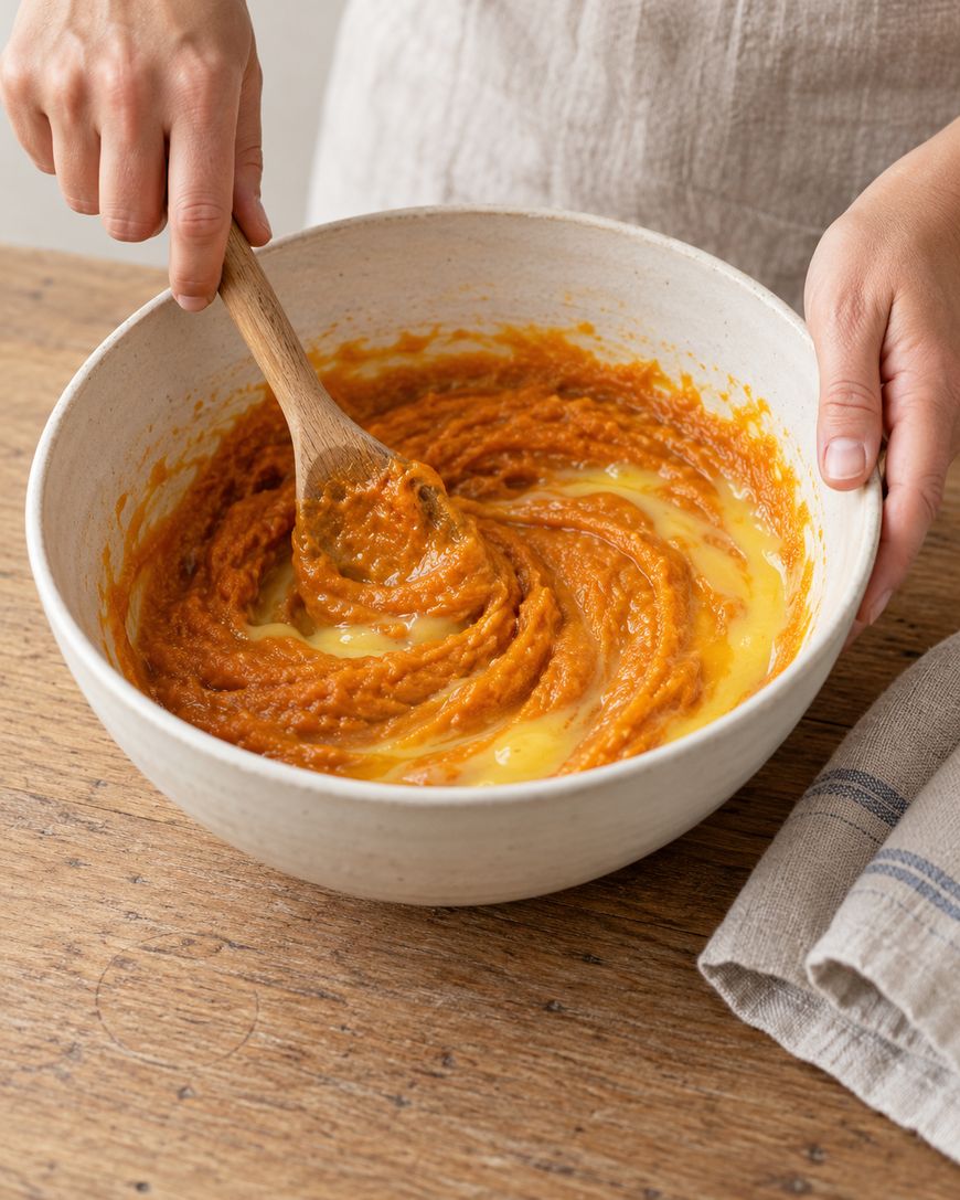 Hands stirring orange pumpkin puree and beaten eggs in a ceramic bowl with a wooden spoon.