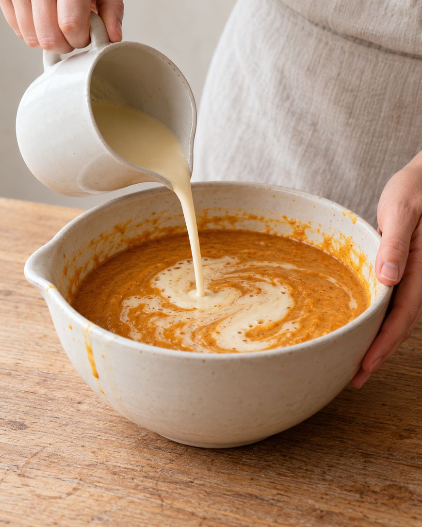 Cream being poured from a small pitcher into a mixing bowl containing orange-colored batter.
