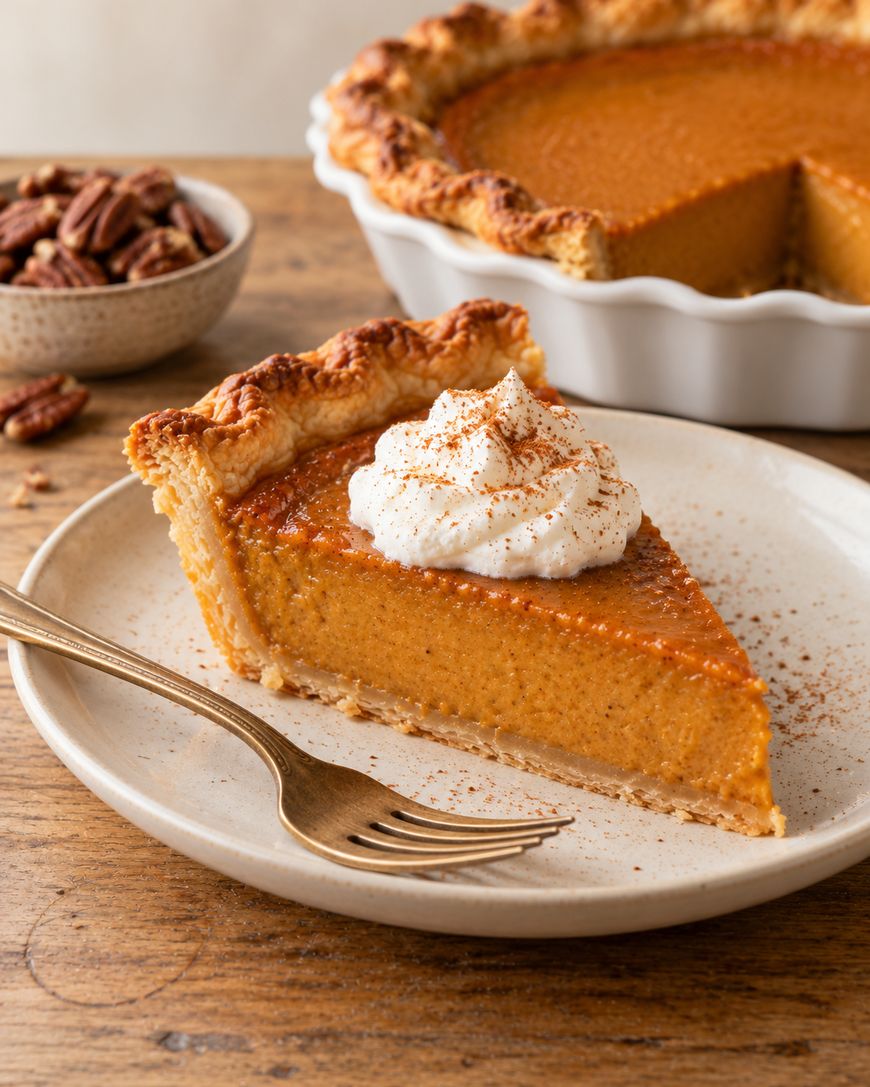 A slice of pumpkin pie topped with whipped cream and cinnamon on a plate with a fork, with a whole pie in the background.