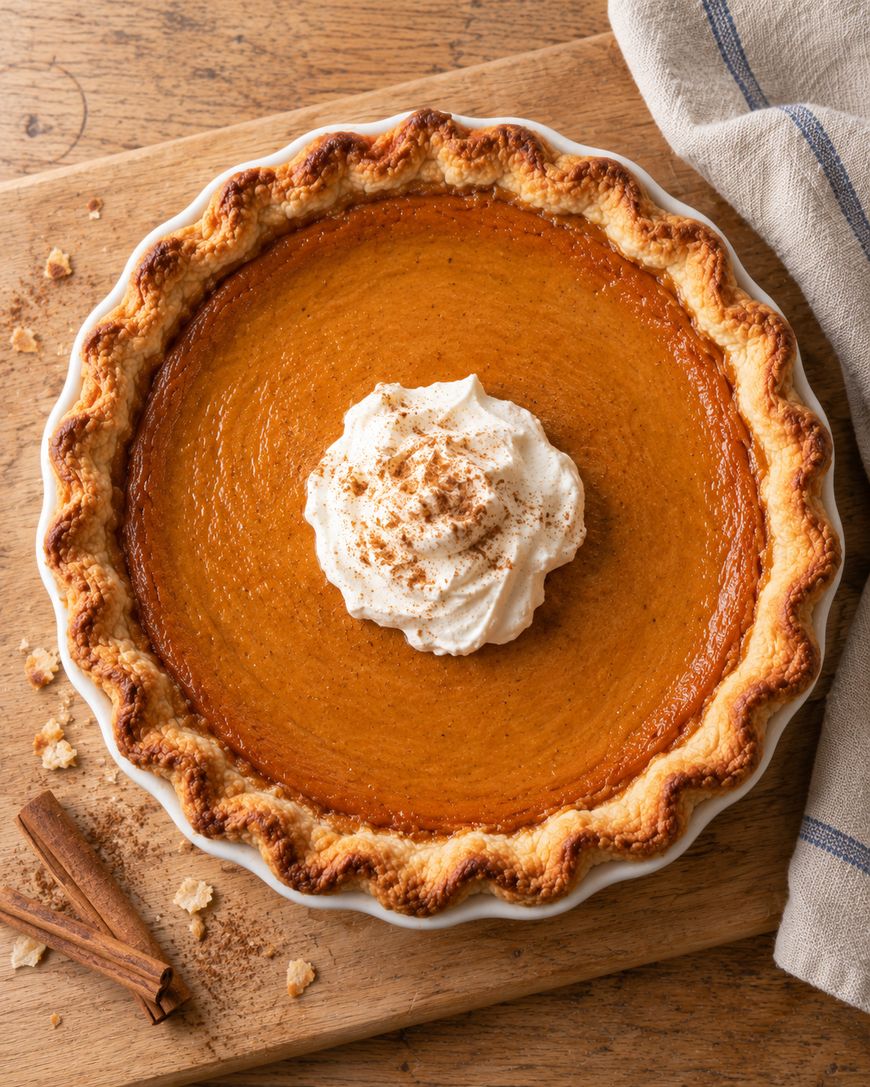 Pumpkin pie in a scalloped dish, topped with a dollop of whipped cream and a sprinkle of spice, on a wooden cutting board with cinnamon sticks.