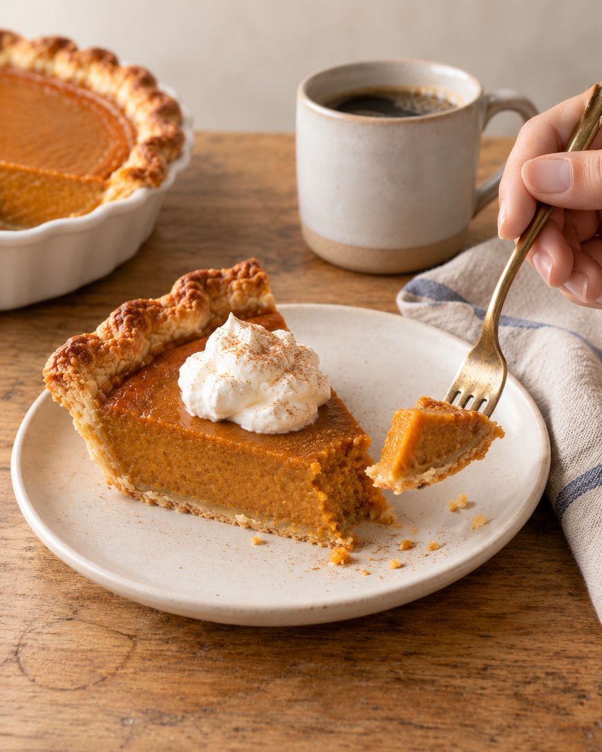 A slice of pumpkin pie topped with whipped cream on a plate, with a hand holding a fork that has a bite of pie on it, next to a mug of coffee.
