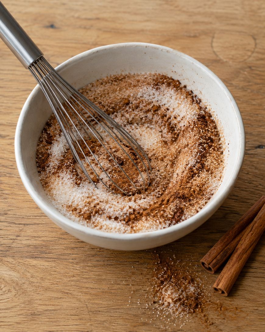 A whisk in a bowl containing a mixture of white sugar and brown cinnamon spice, with two cinnamon sticks on the table nearby.