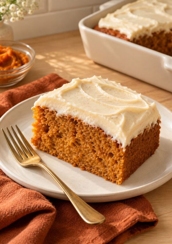 A slice of pumpkin cake with creamy frosting sits on a white plate with a gold fork, next to an orange napkin. A baking dish with more cake and a small bowl of pumpkin puree are in the background.