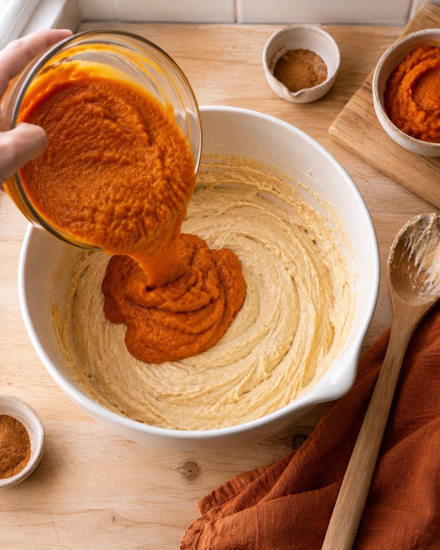A hand pours pumpkin puree into a mixing bowl of batter on a wooden table, surrounded by small bowls of spices, a spoon, and a rust-colored napkin.