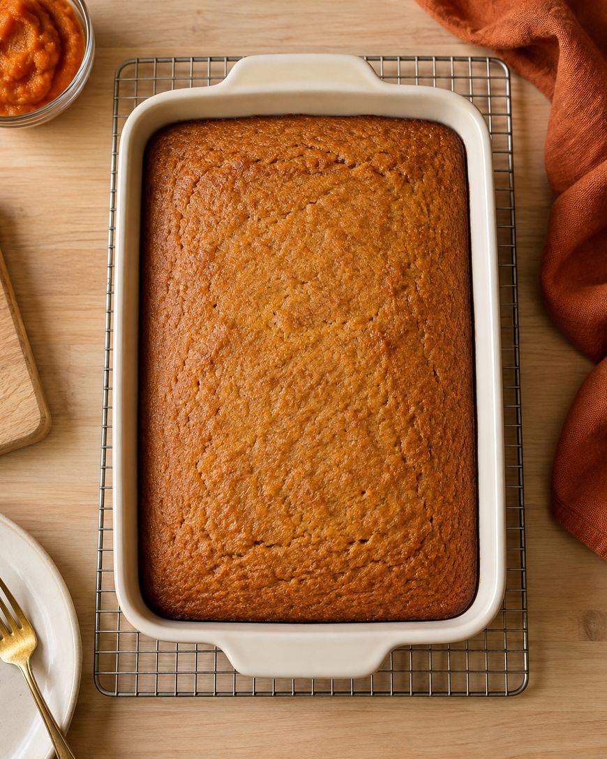 A golden-brown sheet cake in a rectangular dish sits on a cooling rack, surrounded by a plate, gold fork, pumpkin puree in a bowl, and an orange cloth on a wooden table.