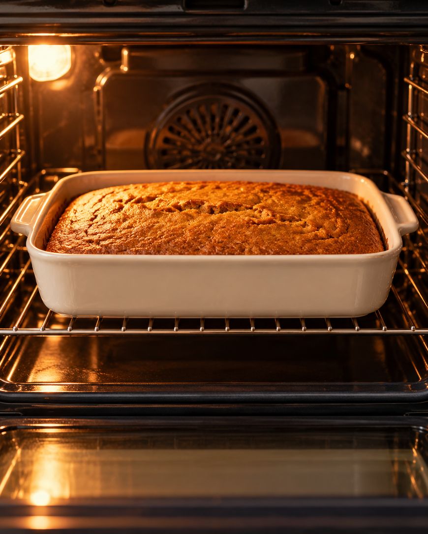 A rectangular cake is baking in a white ceramic dish on the middle rack of an oven, illuminated by the oven light.
