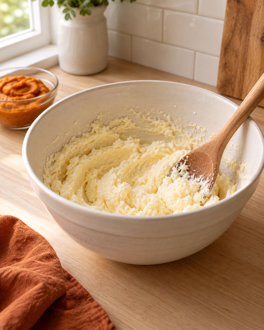 A large white bowl of mashed potatoes with a wooden spoon sits on a wooden countertop. In the background, there is a small bowl of mashed sweet potatoes and a potted plant.