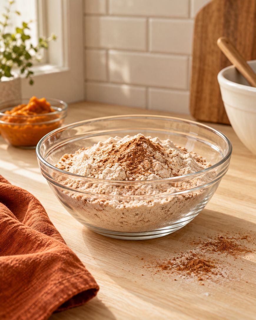 A glass bowl of flour and spices sits on a wooden counter. Some flour and spice are spilled nearby. In the background are a white bowl, a cutting board, a small dish of orange puree, and a window with sunlight.