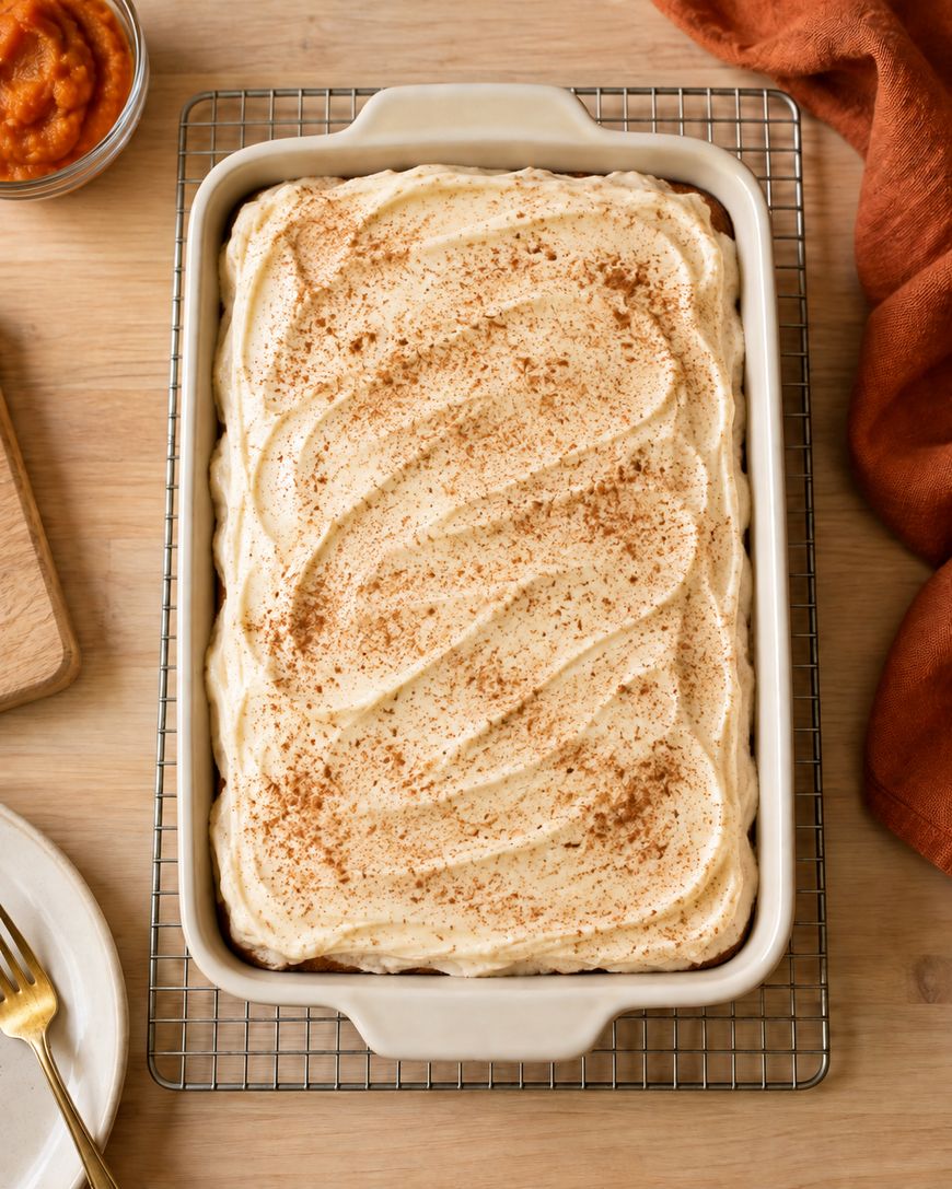 A rectangular cake with swirled frosting and a sprinkle of cinnamon sits in a baking dish on a cooling rack, surrounded by an orange napkin and plates.