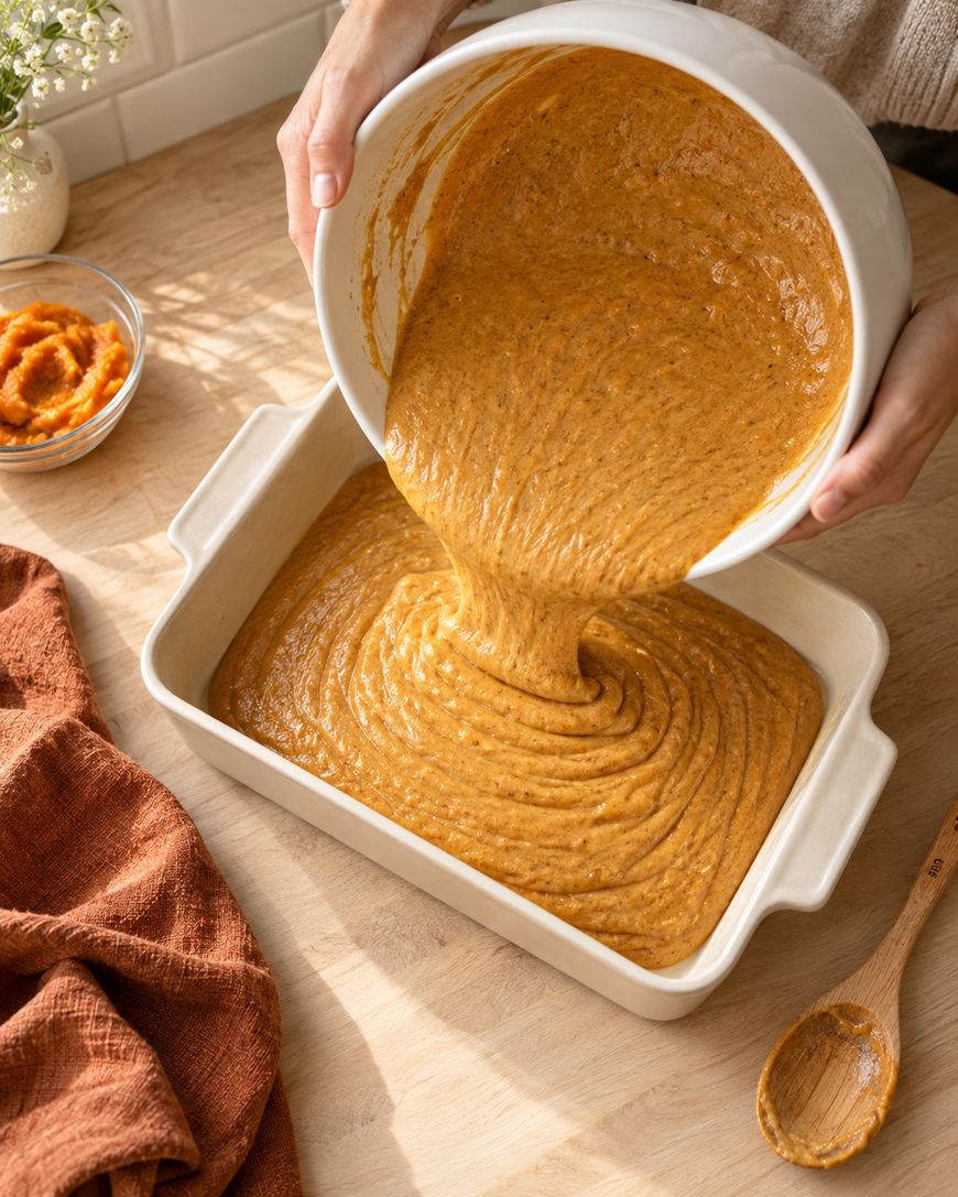 Pumpkin batter is being poured from a white mixing bowl into a rectangular baking dish on a wooden counter, with a bowl of pumpkin puree nearby.