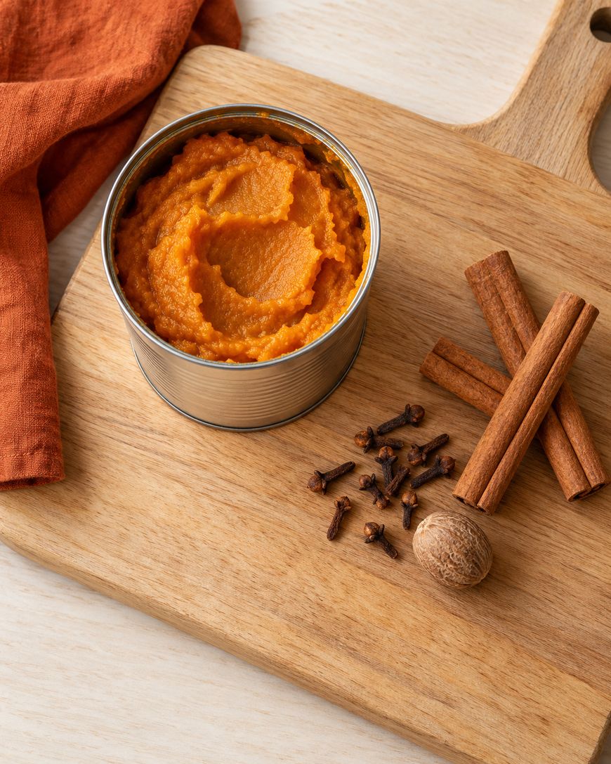 An open can of pumpkin puree sits on a wooden board next to cinnamon sticks, whole cloves, nutmeg, and an orange napkin.