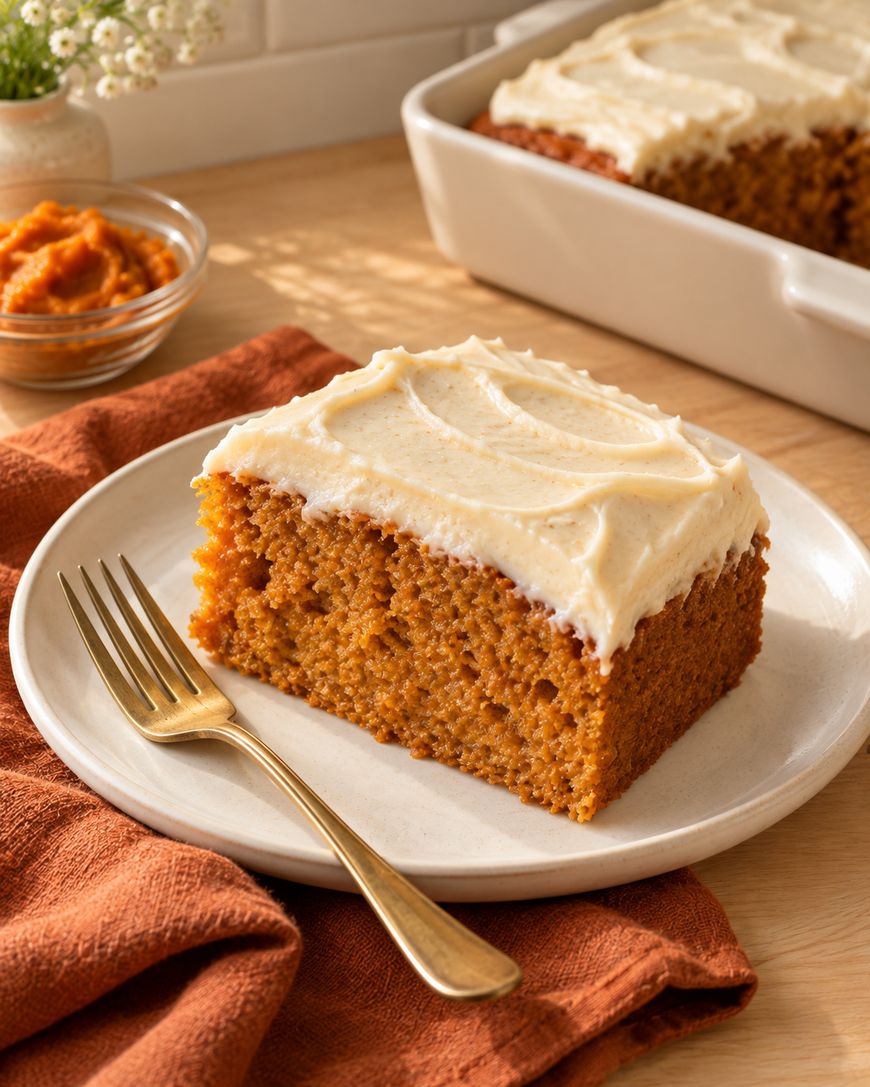 A slice of pumpkin cake with cream cheese frosting sits on a white plate with a gold fork, next to an orange napkin. The rest of the cake is in a baking dish in the background.