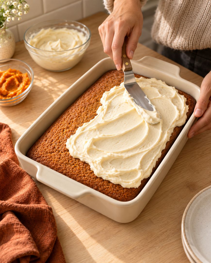 A person spreads creamy white frosting on a baked sheet cake in a rectangular dish, with bowls of frosting and orange puree nearby on a wooden countertop.